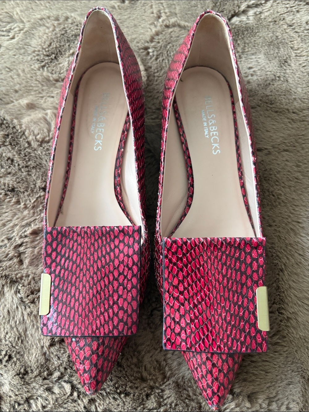Bells & Becks Red Snakeskin Pointed Toe Flats